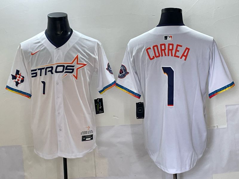 Men 2025 Houston Astros 1 Correa White Four generations Joint Name Nike MLB Jersey style 08